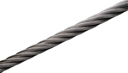 Close up of a thick braided metal wire cable, with a metallic sheen, isolated on a transpare.png