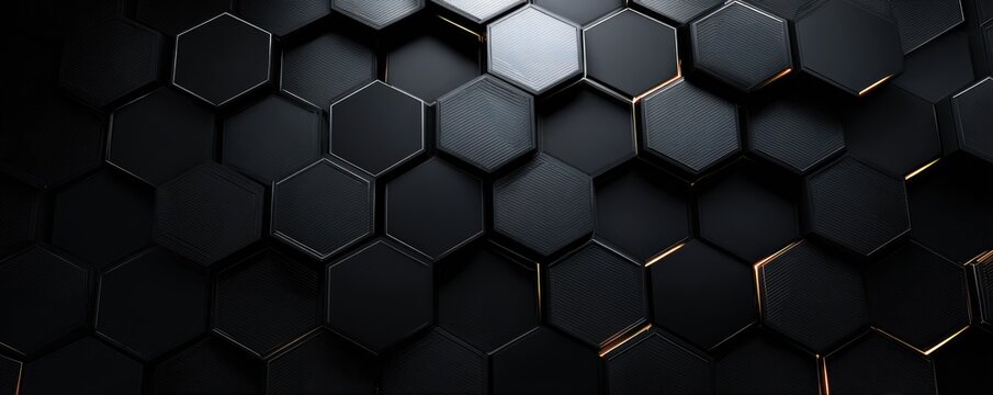 Black geometric hexagonal background with subtle metallic glowing effect. 3D render design of honeycomb pattern - Powered by Adobe