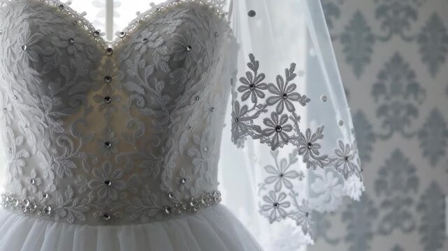 Close-up of an elegant white wedding dress with intricate lace detailing and sparkling embellishments against a softly patterned background