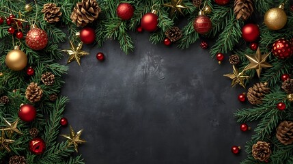 christmas, holiday, winter, trendy, Festive Christmas garland border with pine cones red and gold baubles and star ornaments on a dark textured background perfect for holiday invi
