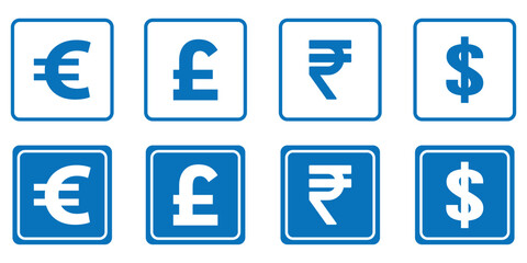 Currency symbols icons set with Dollar, Euro, Pound, Rupee, Franc, Ruble, Yen, Won . world currency icon.
