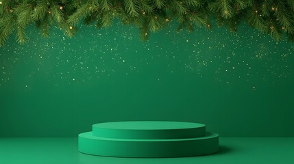 christmas, holiday, winter, trendy, Festive green podium with fir branches and golden glitter a minimalist stage for product display or holiday promotion perfect for Christmas and