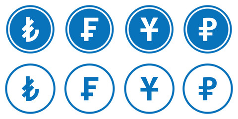 Currency symbols icons set with Dollar, Euro, Pound, Rupee, Franc, Ruble, Yen, Won . world currency icon.