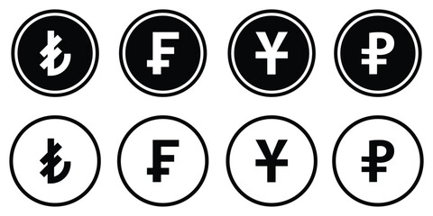 World currency signs and icons vector bundle set. Global currency symbols in circle, modern styles. Money, dollar, and world currency signs and icons vector bundle set featuring global currency symbol