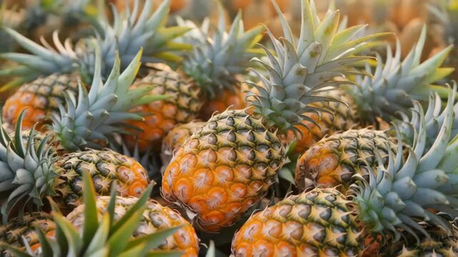 Field of ripe pineapples with lush green foliage basking in warm sunlight on a tropical farm
