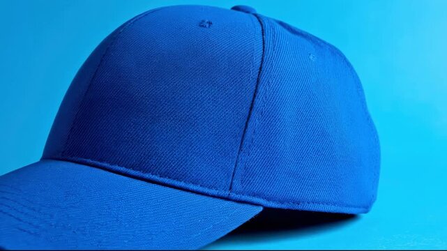 Blue Blank Baseball Cap Mockup on Blue Background Zooming In to Fabric Texture and Stitching Details
