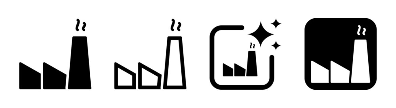 Black factory icon vector illustration showing smoke and air pollution impact on environment and business with transparent PNG background