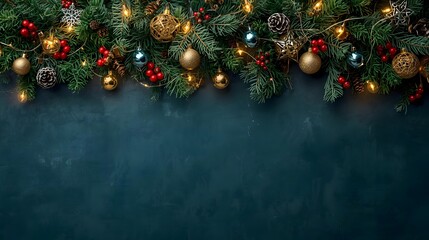 christmas, holiday, winter, trendy, Festive Christmas garland with glowing fairy lights baubles pine cones and red berries creating a warm and inviting holiday border on a dark te