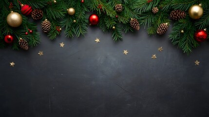 christmas, holiday, winter, trendy, Festive Christmas garland border with pine branches red and gold baubles pine cones and scattered star confetti creating a traditional holiday 