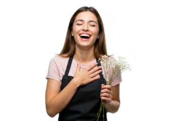 Happy woman florist laughing holding a bouquet isolated on transparent background
