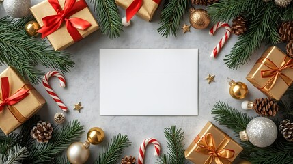 christmas, holiday, winter, trendy, Festive Christmas flat lay composition with golden gift boxes red ribbons pine branches ornaments candy canes and a blank white card for text c