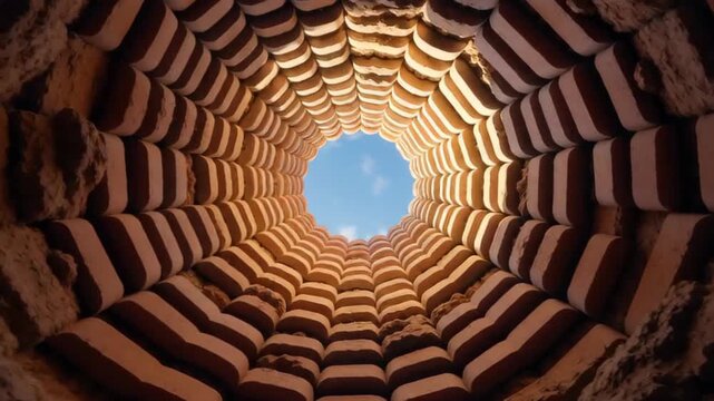 View upward through a circular brick structure, revealing a blue sky in a gradient of warm tones