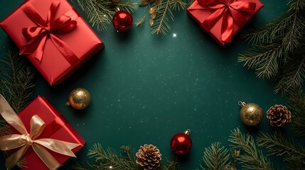 christmas, holiday, winter, trendy, Festive Christmas flat lay with red gift boxes tied with satin ribbons golden and red baubles pine cones and evergreen branches arranged on a d