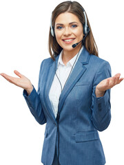 Smiling Caucasian woman wearing a blue suit and headset gesturing with open hands communicating through microphone professional support representative Communication Customer service
