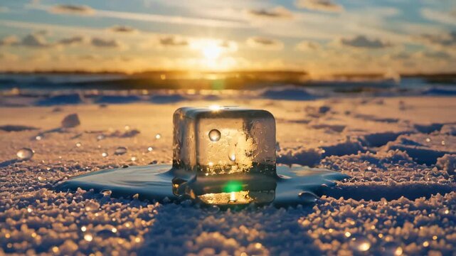 Glowing ice cube melting in the warm sunlight on a sandy beach at sunset