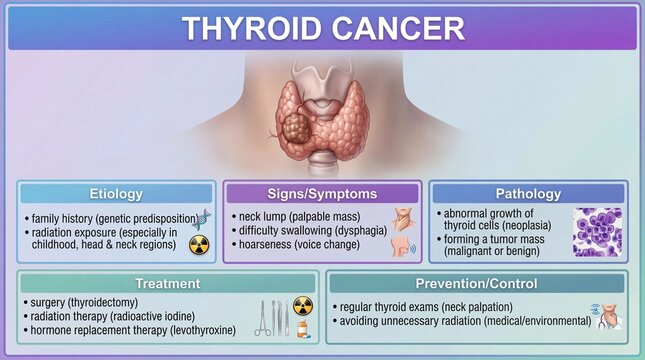 Thyroid cancer infographic showing etiology signs symptoms pathology treatment and prevention