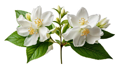 Obraz premium Delicate white jasmine flowers with green leaves on a thin stem, isolated on a transparent b.png