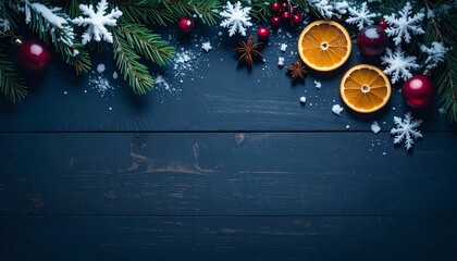 High-Quality Dark Rustic Wooden Christmas Background &ndash; Minimalist Hyper-Realistic Wood Panels with Snowy Branches and Festive Accents; Copy Space for Your Holiday Message