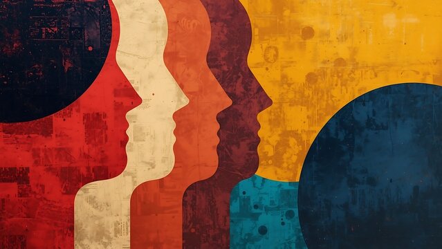 Diversity and unity concept with colorful silhouettes of human faces in profile