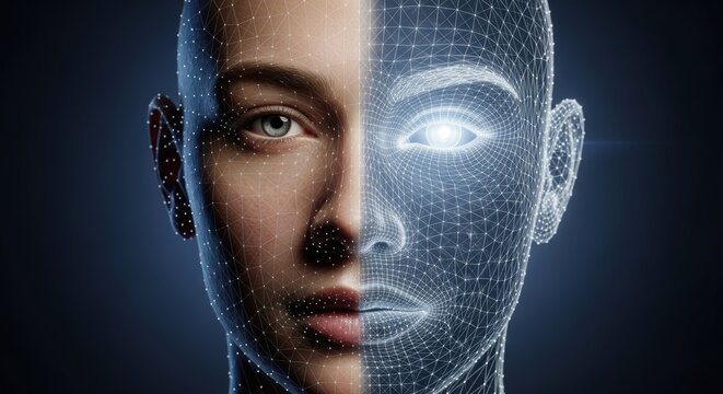A human face is split in half showing a realistic side and a digital wireframe representing artificial intelligence and technology - Powered by Adobe