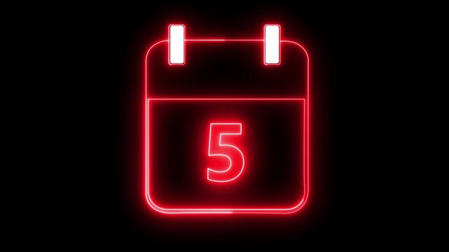 Neon line calendar date 5 animation for deadline and schedule planning. Glowing neon calendar icon date 5 &ndash; deadline and time management concept.
