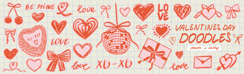 Cute elements decorated with whimsical bows, ribbons and heart. Elegant female cupid, flowers, cake. Vintage hand drawn line art vector illustrations for wedding or valentine day card invitation.