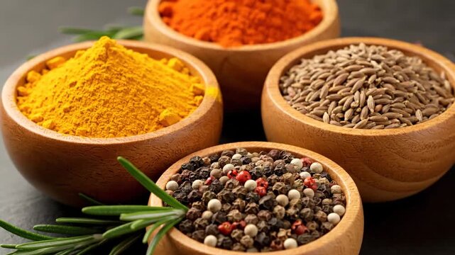 Various spices in wooden bowls close up shot food ingredients.