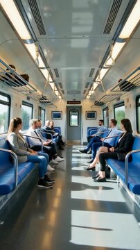 Interior of a modern subway train featuring seated passengers in an empty carriage with bright sunlight illuminating the space