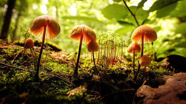 acculturation. Mushrooms growing on forest floor among moss and leaves under sunlight. gardening catalogs, home-decor guides, designed for gardening and botanical catalogs, celebrates nature.
