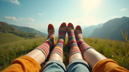 Colorful Socks Pointing Toward Scenic Outdoor View
