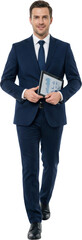 A smiling Caucasian man in a dark blue suit and tie walks holding a tablet displaying financial charts and graphs with a transparent background businessman technology professional