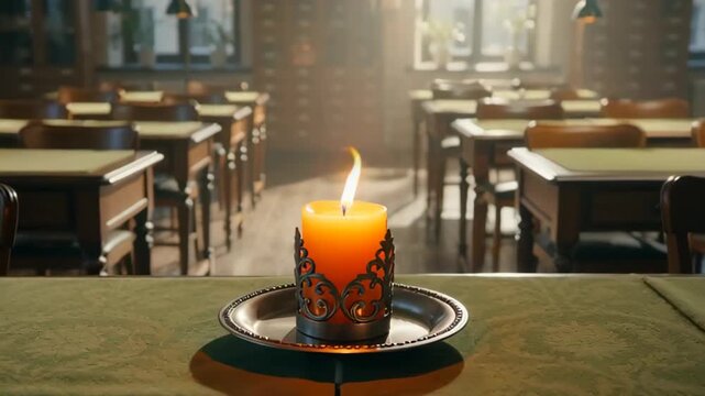 A lit orange candle on a decorative plate, casting warm light in a classroom with wooden desks