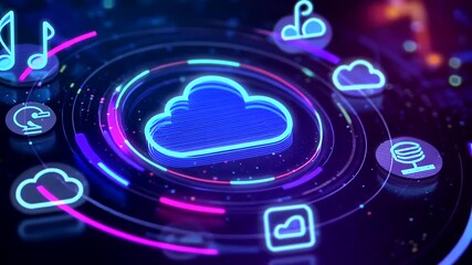 Cloud computing technology with digital interface and glowing neon lights. - Powered by Adobe