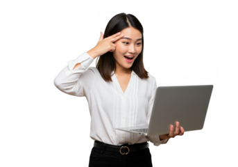 Young woman with laptop making a gesture isolated on transparent background