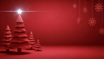 Red low poly paper Christmas trees with glowing star on red background with hanging snowflakes