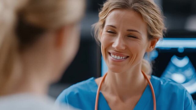 A Caring Dialogue: An empathetic healthcare professional provides support and reassurance to patient, fostering a safe and nurturing environment. 