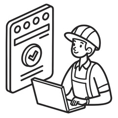 Smart Project Management: A diligent technician, donning a safety helmet and overalls, interfaces with a digital project progress board. He's engrossed in using a laptop.