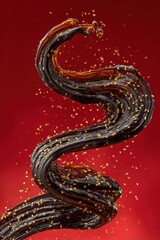 Obraz premium Dynamic abstract splash of dark soy sauce swirling in motion with floating sesame seeds on a bold red background.