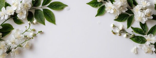 a white wall backdrop adorned with green leaves forming a natural border at the top and bottom, creating a serene frame within which a single flower blooms