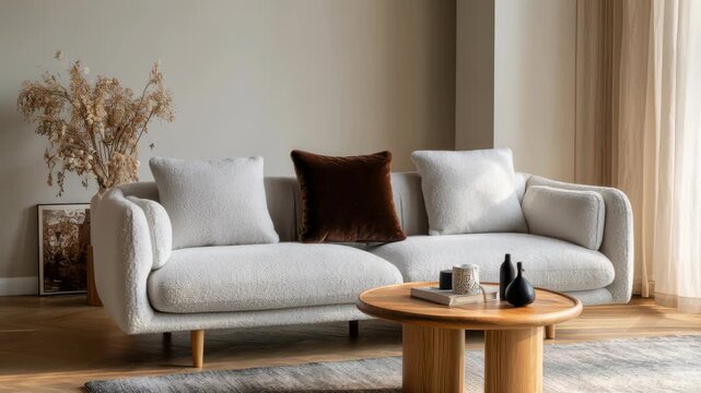 Minimalistic sofa in beige boucle, brown cushions and coffee table is dark wood. Cream-colored wall. Soft, curved plush cream sofa with a curved backrest in neutral tones. Aesthetic room furniture