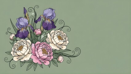 Detailed Illustration of Beautiful Floral Bouquet with Irises and Peonies