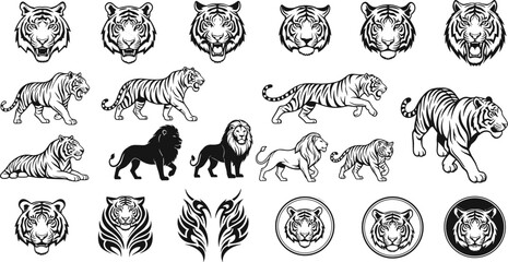 Black and white tiger and lion illustration set, fierce big cat vectors for logos, mascots, tattoos, wildlife branding, and graphic design © Ideasy Mind