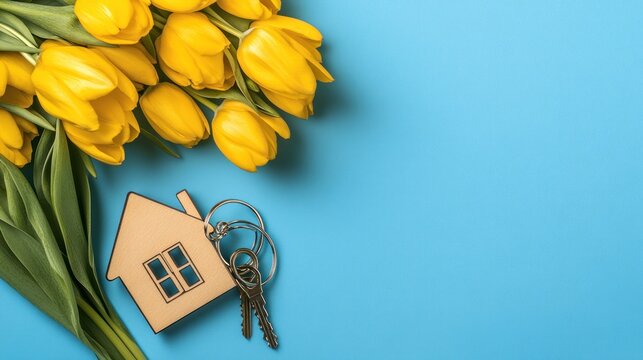 Yellow tulips, house keys, new home, blue background, real estate