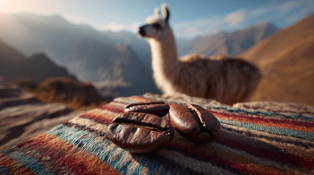 Closeup of roasted coffee beans from the Andes region displayed on traditional woven textile with a llama in a mountain landscape at sunrise. - Powered by Adobe