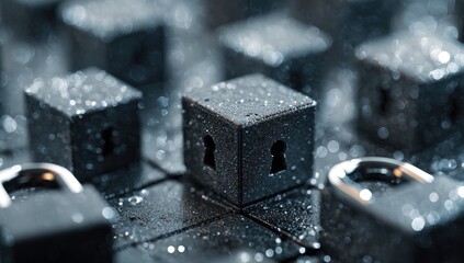 Close-up of dark, textured cubic objects with keyholes, some wet, on a grid