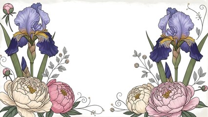 Beautiful hand-drawn illustration of irises and peonies with delicate floral details