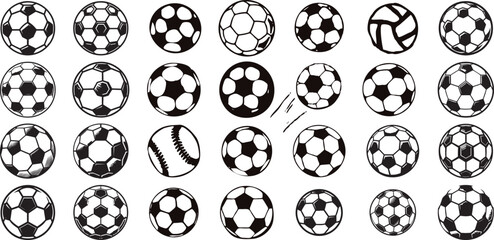 Set of  Monochrome Soccer Ball Icons, Football Symbol Collection, Sports Equipment Vector Illustration