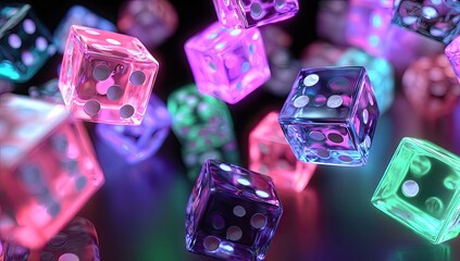 Numerous vibrant, glowing translucent dice scattered, creating a colorful, playful scene