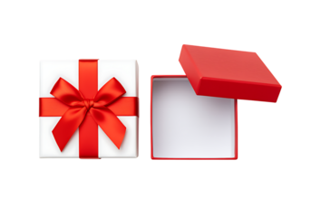 An open and closed red gift box with a ribbon isolated on transparent background.