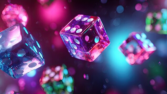 Multiple iridescent, glowing dice floating in a vibrant, neon-lit abstract space - Powered by Adobe